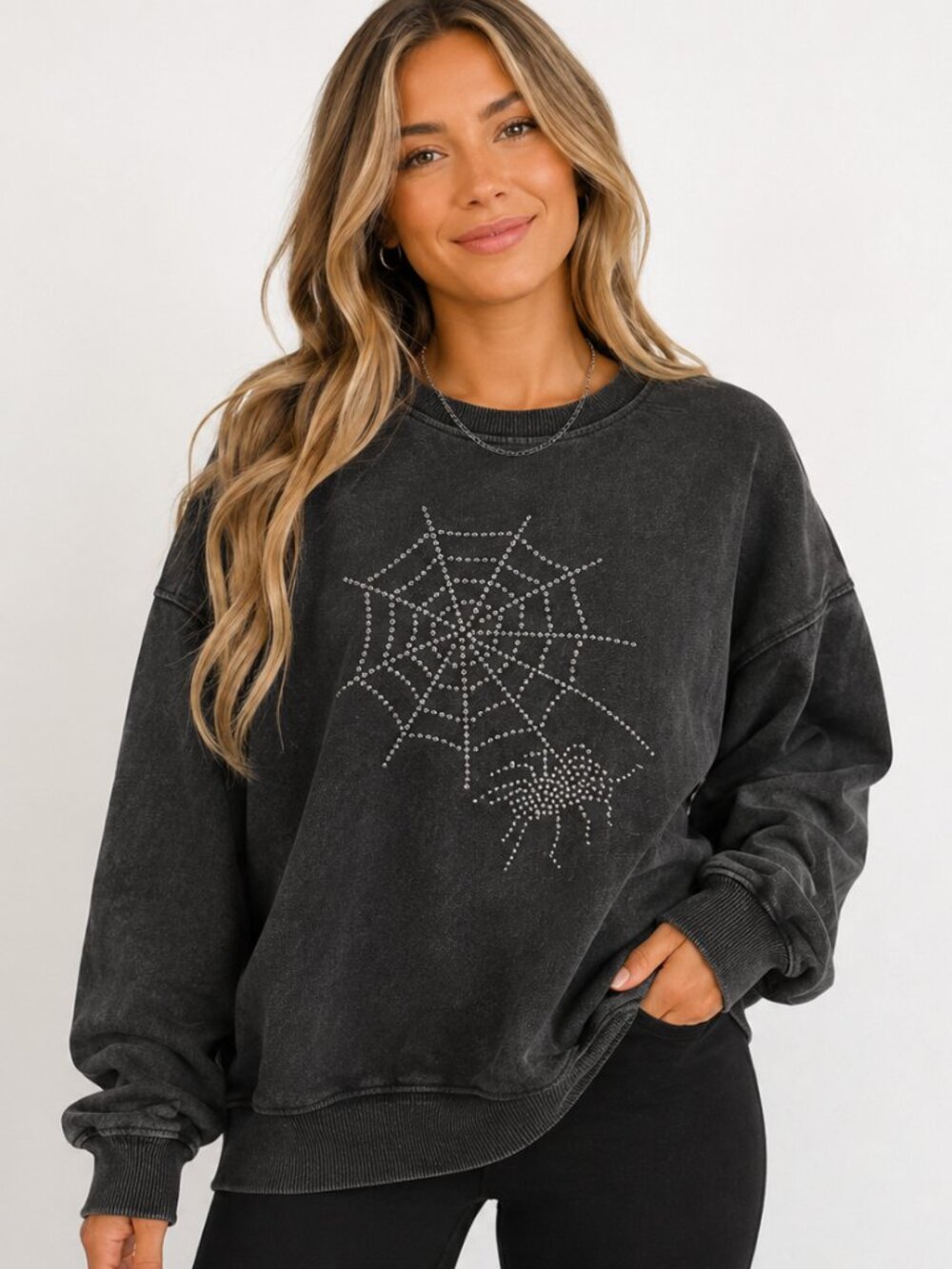 BNWT Halloween Rhinestone Spider Web Spider Sweatshirt Washed Black XL
